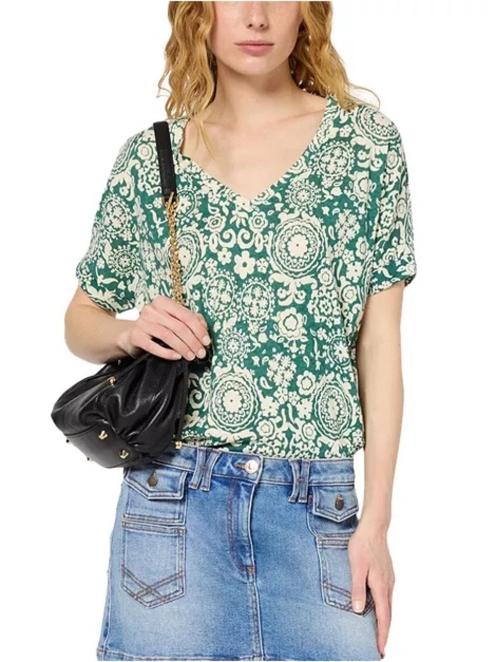 Gerard Darel Green Floral V-Neck Linen and Cotton Tee